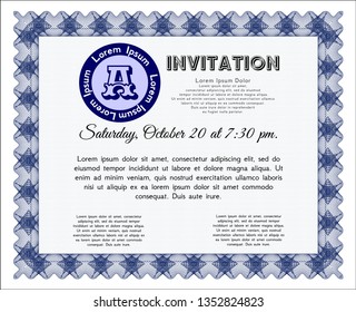 Blue Formal invitation. With guilloche pattern. Money style design. Vector illustration. 