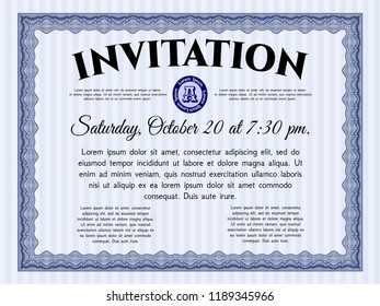 Blue Formal invitation. With linear background. Sophisticated design. Detailed. 