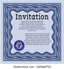 Blue Formal invitation. With linear background. Detailed. Money Pattern design. 