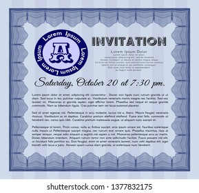 Blue Formal invitation. Lovely design. With guilloche pattern. Vector illustration. 