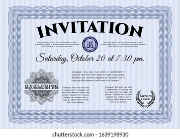Blue Formal invitation. Printer friendly. Sophisticated design. Detailed. 