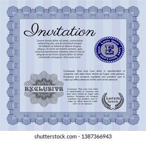 Blue Formal invitation. Sophisticated design. With guilloche pattern. Vector illustration. 