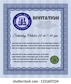 Blue Formal invitation template. With background. Detailed. Artistry design. 