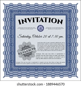 Blue Formal Invitation Template. Beauty Design. With Guilloche Pattern And Background.  