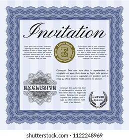 Blue Formal invitation template. With complex linear background. Detailed. Elegant design. 