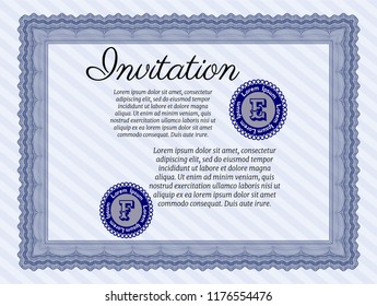 Blue Formal invitation template. With complex linear background. Vector illustration. Money style design. 