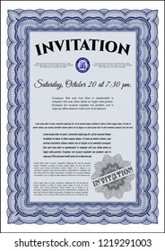 Blue Formal invitation template. Complex background. Vector illustration. Money Pattern. 