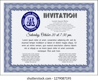 Blue Formal invitation template. Complex background. Detailed. Cordial design. 