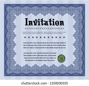 Blue Formal invitation template. With complex background. Lovely design. Detailed. 