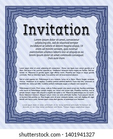 Blue Formal invitation template. With complex linear background. Detailed. Money style design. 