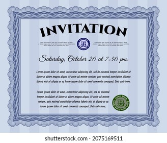 Blue Formal Invitation Template. Cordial Design. With Background. Detailed. 