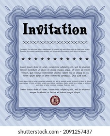 Blue Formal Invitation Template. Cordial Design. With Complex Background.  