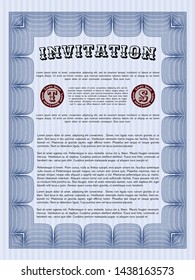 Blue Formal invitation template. Customizable, Easy to edit and change colors. With guilloche pattern. Money design. 