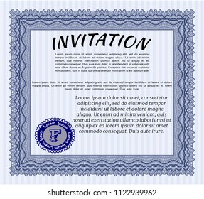 Blue Formal invitation template. Detailed. With linear background. Perfect design. 