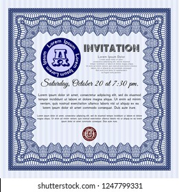 Blue Formal invitation template. Detailed. With complex background. Money Pattern. 