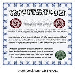 Blue Formal invitation template. Detailed. Easy to print. Money Pattern. 
