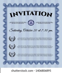 Blue Formal invitation template. Easy to print. Detailed. Money Pattern. 