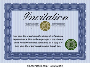 Blue Formal invitation template. Easy to print. Lovely design. Customizable, Easy to edit and change colors. 
