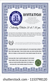 Blue Formal invitation template. Elegant design. With great quality guilloche pattern. Detailed. 