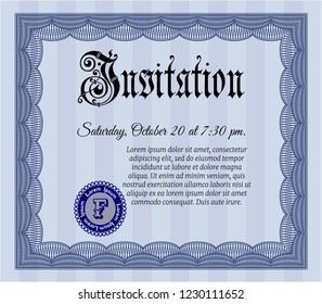 Blue Formal invitation template. With great quality guilloche pattern. Customizable, Easy to edit and change colors. Lovely design. 