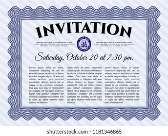 Blue Formal invitation template. With guilloche pattern. Customizable, Easy to edit and change colors. Lovely design. 