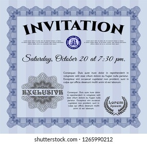 Blue Formal invitation template. With guilloche pattern. Vector illustration. Lovely design. 