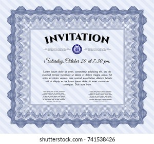 Blue Formal invitation template. With guilloche pattern and background. Vector illustration. Money Pattern design. 
