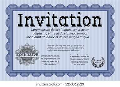 Blue Formal invitation template. With linear background. Retro design. Detailed. 