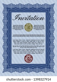 Blue Formal invitation template. Money style design. With guilloche pattern. Customizable, Easy to edit and change colors. 