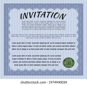 Blue Formal Invitation Template. Money Pattern. Easy To Print. Vector Illustration. 