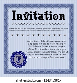 Blue Formal invitation template. Perfect design. With guilloche pattern. Vector illustration. 