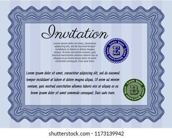 Blue Formal invitation template. Printer friendly. Elegant design. Vector illustration. 