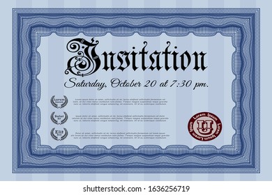 Blue Formal invitation template. With quality background. Money style design. Detailed. 