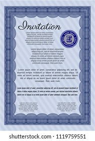 Blue Formal invitation template. Retro design. Easy to print. Detailed. 