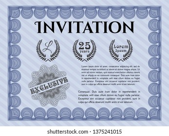 Blue Formal invitation template. Retro design. With guilloche pattern. Customizable, Easy to edit and change colors. 