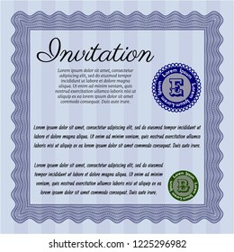 Blue Formal invitation template. Vector illustration. With guilloche pattern. Cordial design. 