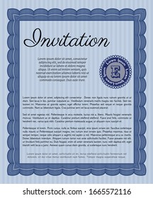 Blue Formal invitation template. Vector illustration. With guilloche pattern and background. Artistry design. 