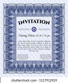  Blue Formal invitation. Vector illustration. With guilloche pattern. Money design. 