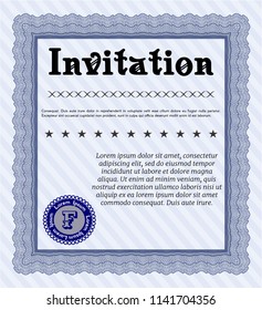 Blue Formal invitation. Vector illustration. With great quality guilloche pattern. Money design. 