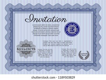 Blue Formal invitation. Vector illustration. With guilloche pattern and background. Beauty design. 