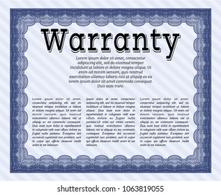 Blue Formal Warranty Certificate template. With background. Sophisticated design. Detailed. 