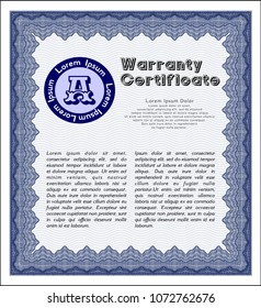 Blue Formal Warranty Certificate template. Easy to print. Good design. Vector illustration. 