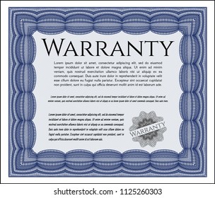 Blue Formal Warranty Certificate template. Money Pattern. With guilloche pattern. Detailed. 