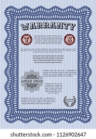 Blue Formal Warranty Certificate template. With background. Customizable, Easy to edit and change colors. Cordial design. 
