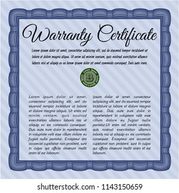 Blue Formal Warranty Certificate template. With quality background. Retro design. Vector illustration. 