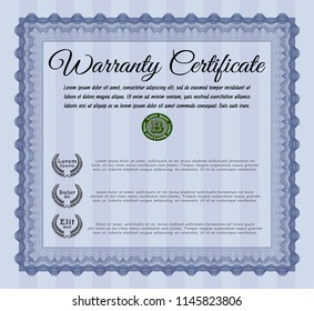 Blue Formal Warranty Certificate template. With guilloche pattern. Detailed. Excellent design. 