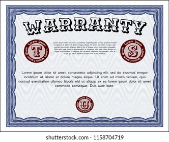 Blue Formal Warranty Certificate template. Printer friendly. Modern design. Detailed. 