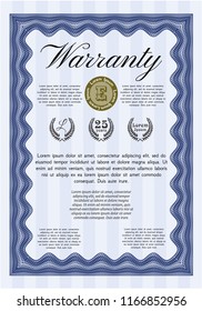 Blue Formal Warranty Certificate template. Cordial design. Customizable, Easy to edit and change colors. With great quality guilloche pattern. 