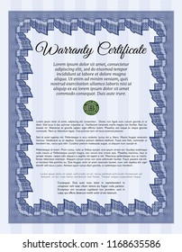 Blue Formal Warranty Certificate template. Nice design. Customizable, Easy to edit and change colors. With guilloche pattern and background. 