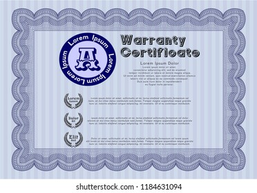 Blue Formal Warranty Certificate template. Detailed. With great quality guilloche pattern. Retro design. 